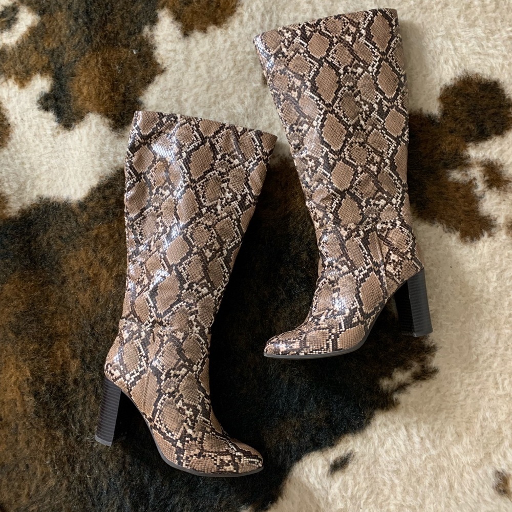 Brown Snakeprint Knee High Boots